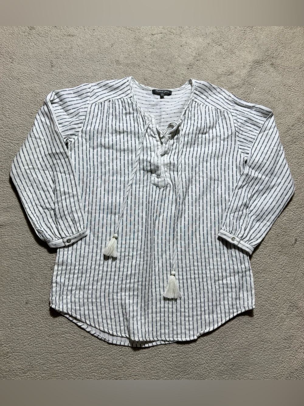 Michael Stars‎ Top Womens XS V-Neck Striped 3/4 Sleeve Tassels Blouse Pullover